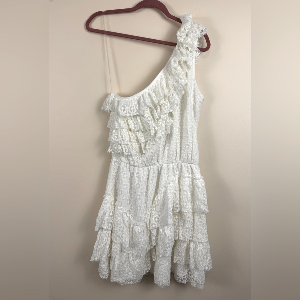 Chelsea & Violet Ivory One Shoulder Lace Tiered Ruffle Dress - Picture 2 of 6